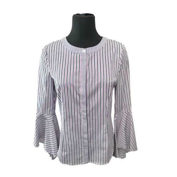 MILLY | Striped Bell Sleeve Blouse Purple Navy Cotton Top | Size 8 - Picture 2 of 8